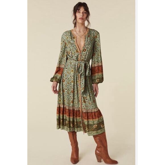 SPELL & THE GYPSY COLLECTIVE - LADY UNTAMED BUTTON DOWN MIDI DRESS -MATCHA - Med - Picture 4 of 10